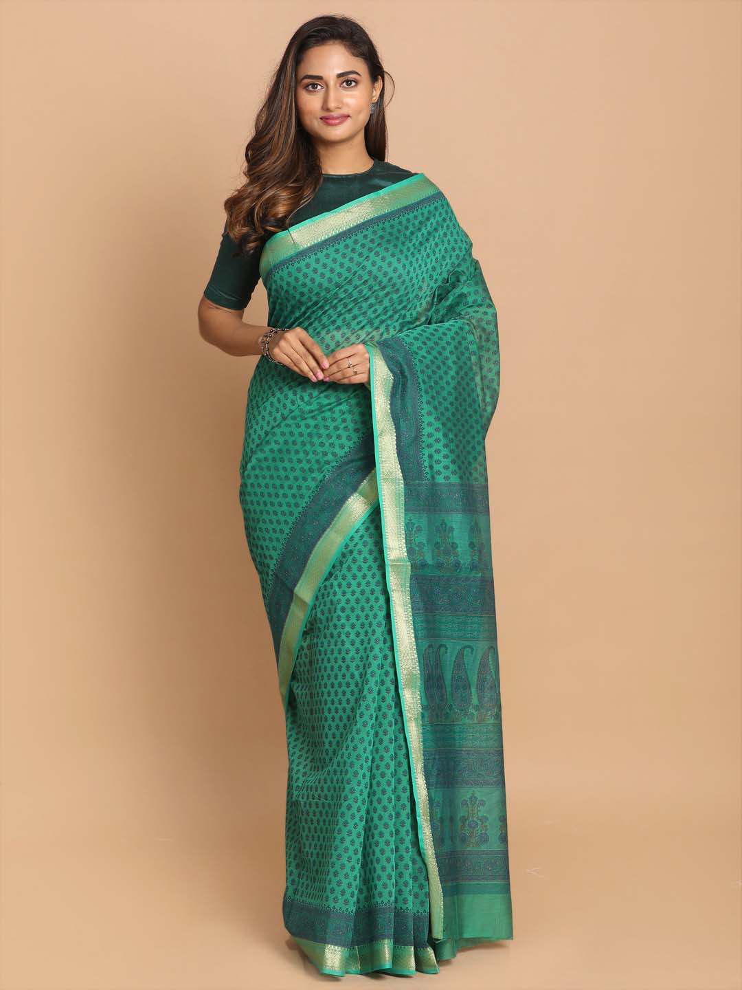 Indethnic Printed Cotton Blend Saree in Green - View 1