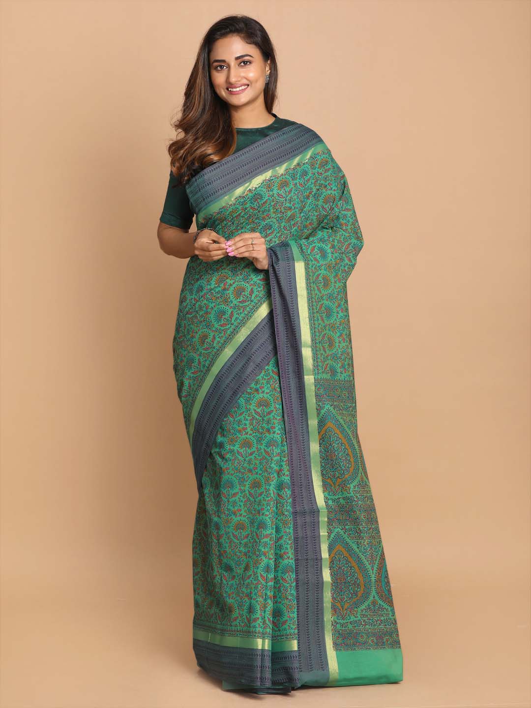 Indethnic Printed Cotton Blend Saree in Green - View 1