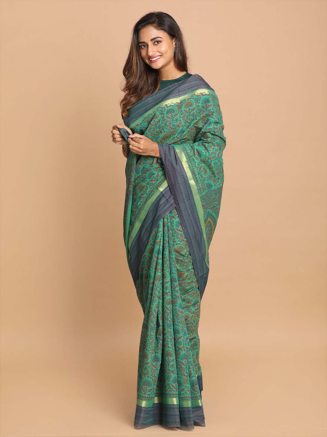 Indethnic Printed Cotton Blend Saree in Green - View 2