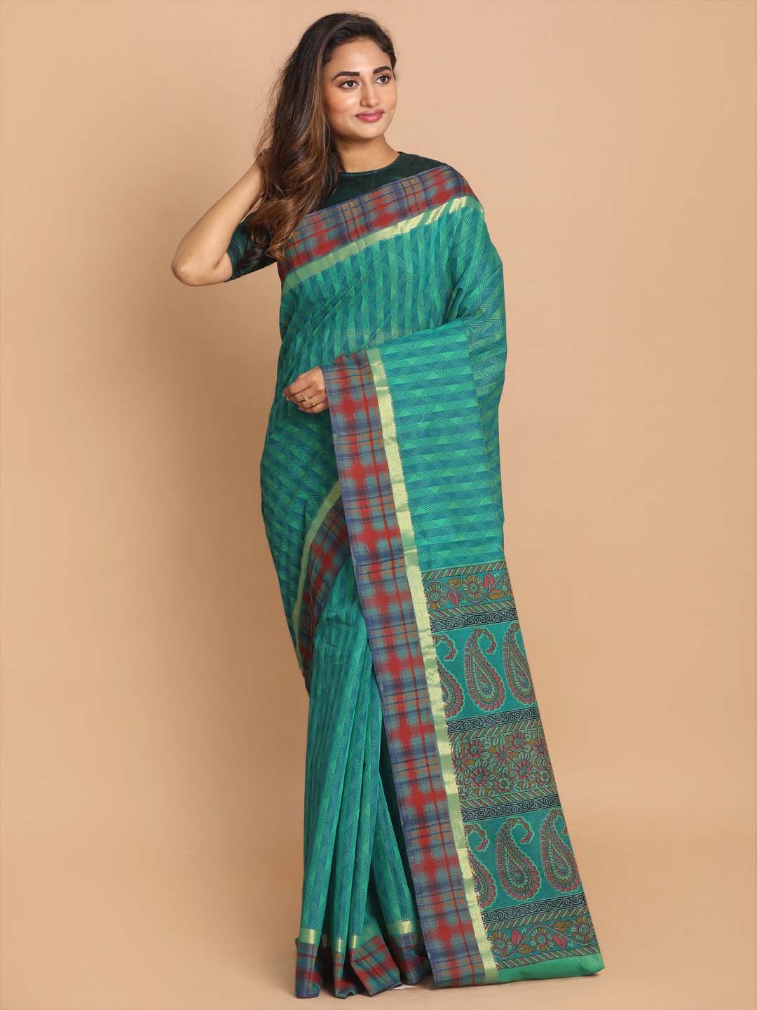 Indethnic Printed Cotton Blend Saree in Green - View 1