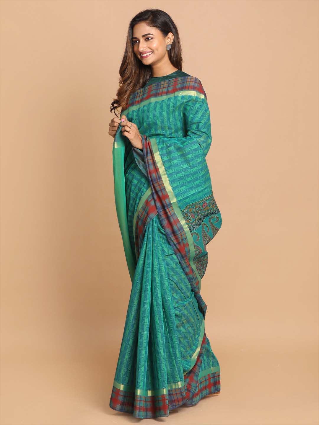 Indethnic Printed Cotton Blend Saree in Green - View 2