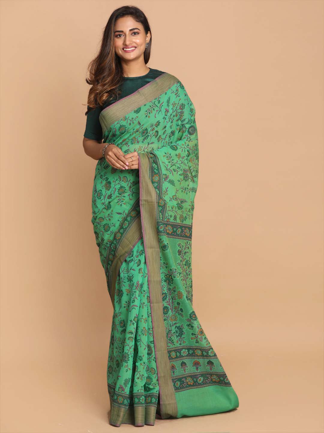 Indethnic Printed Cotton Blend Saree in Green - View 1