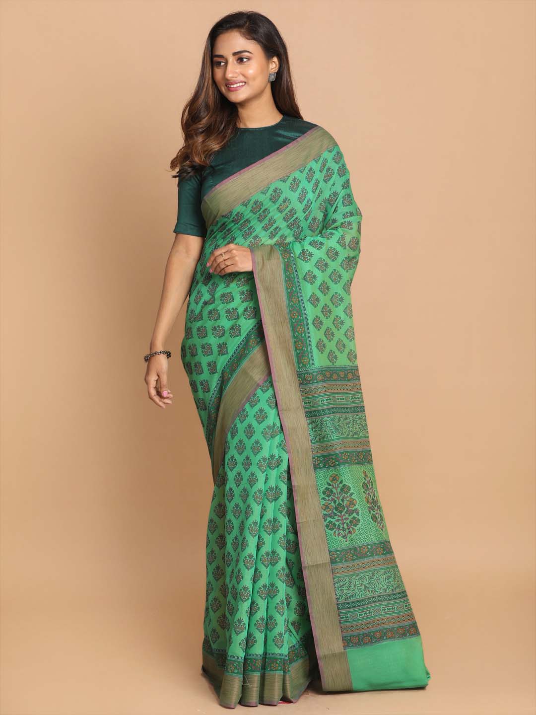 Indethnic Printed Cotton Blend Saree in Green - View 1