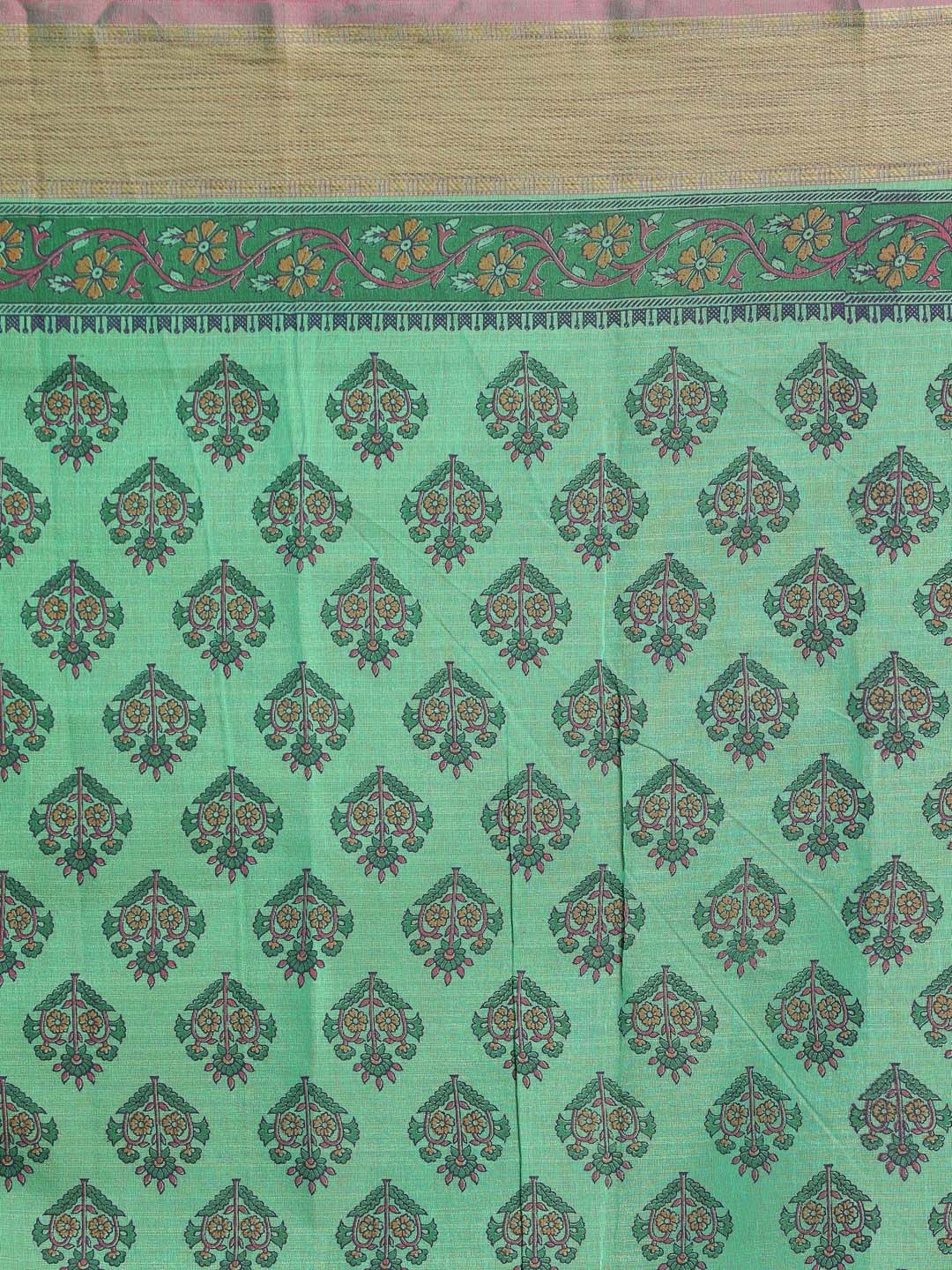 Indethnic Printed Cotton Blend Saree in Green - Saree Detail View