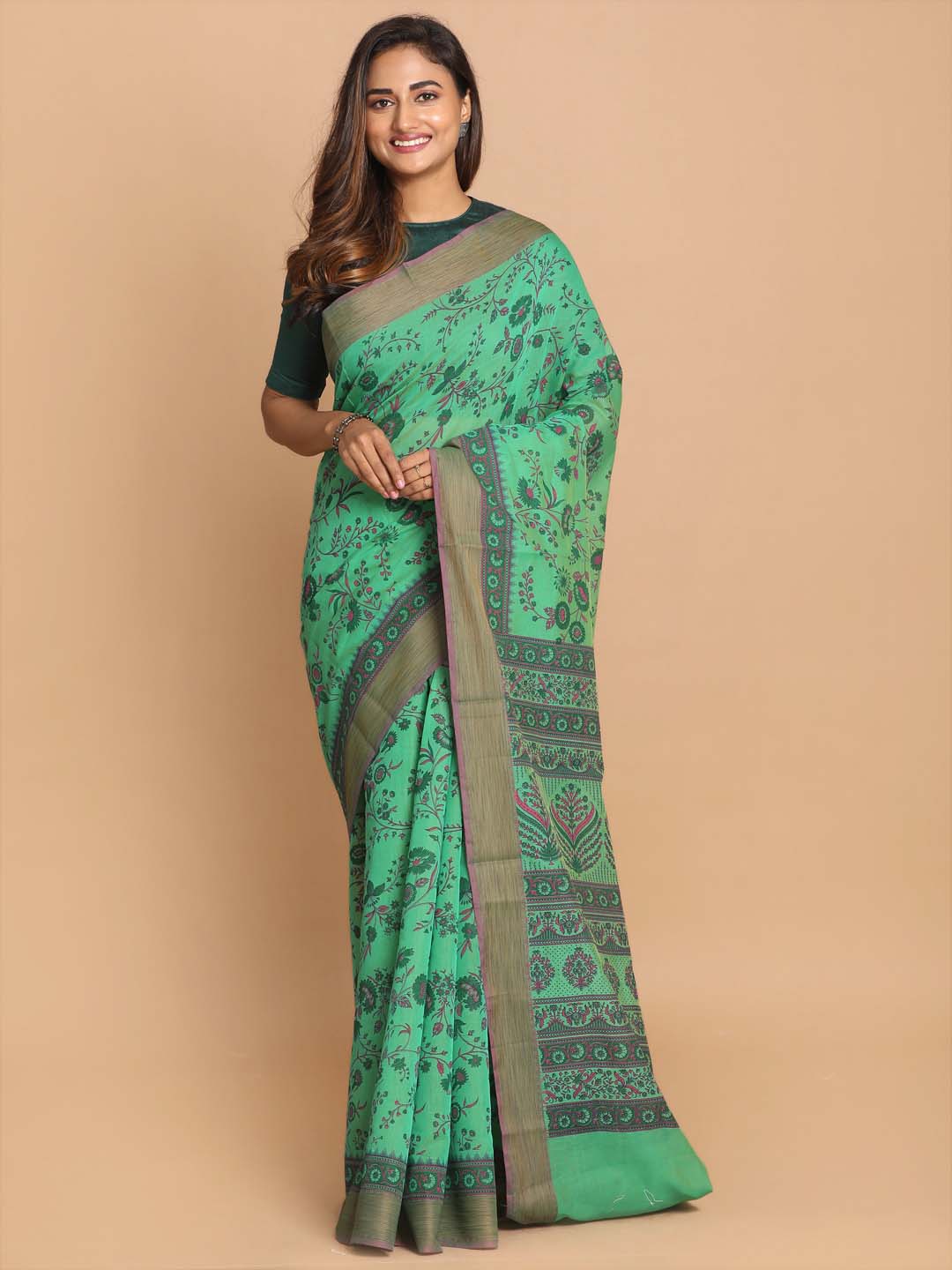 Indethnic Printed Cotton Blend Saree in Green - View 1