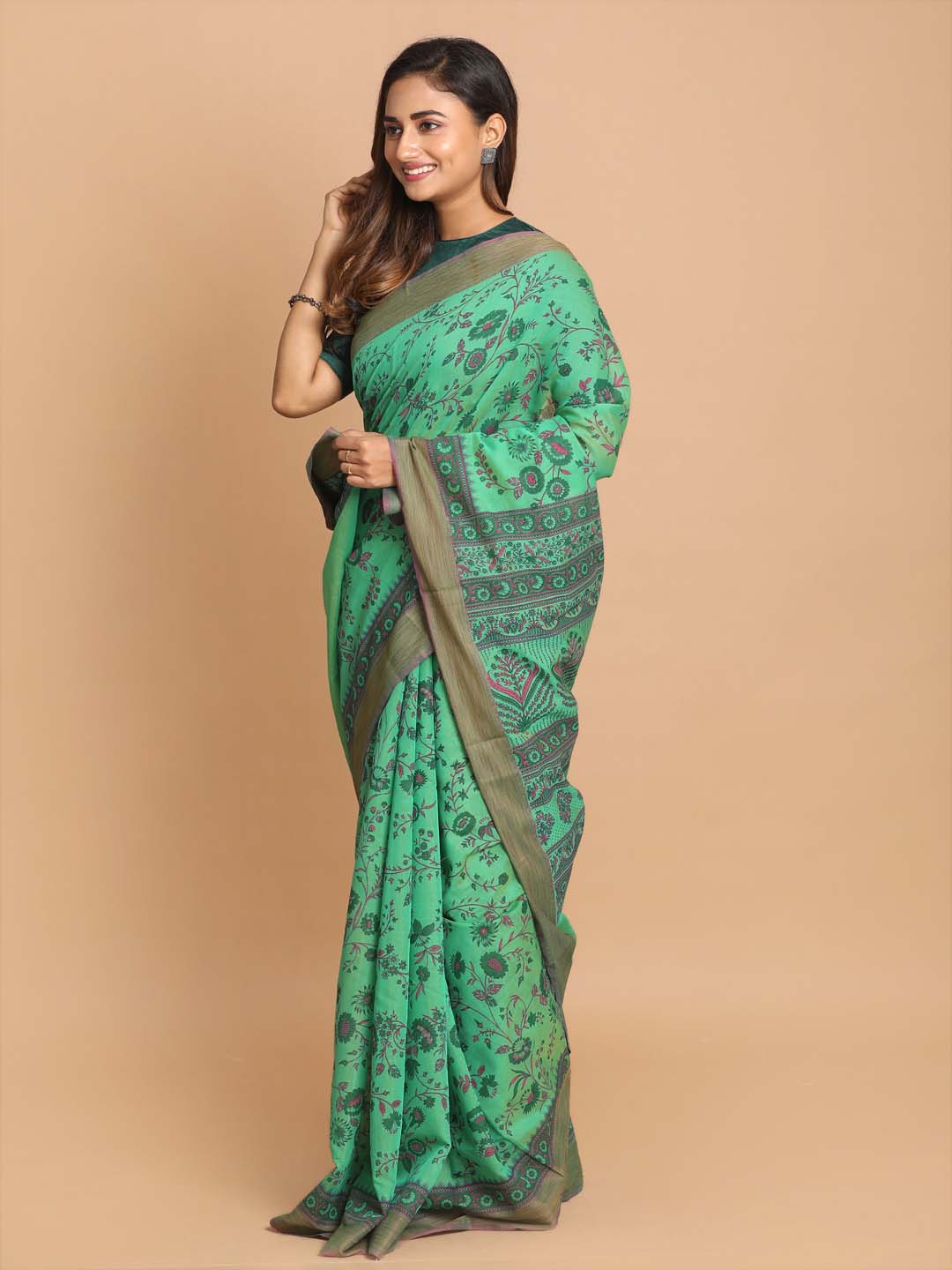 Indethnic Printed Cotton Blend Saree in Green - View 2