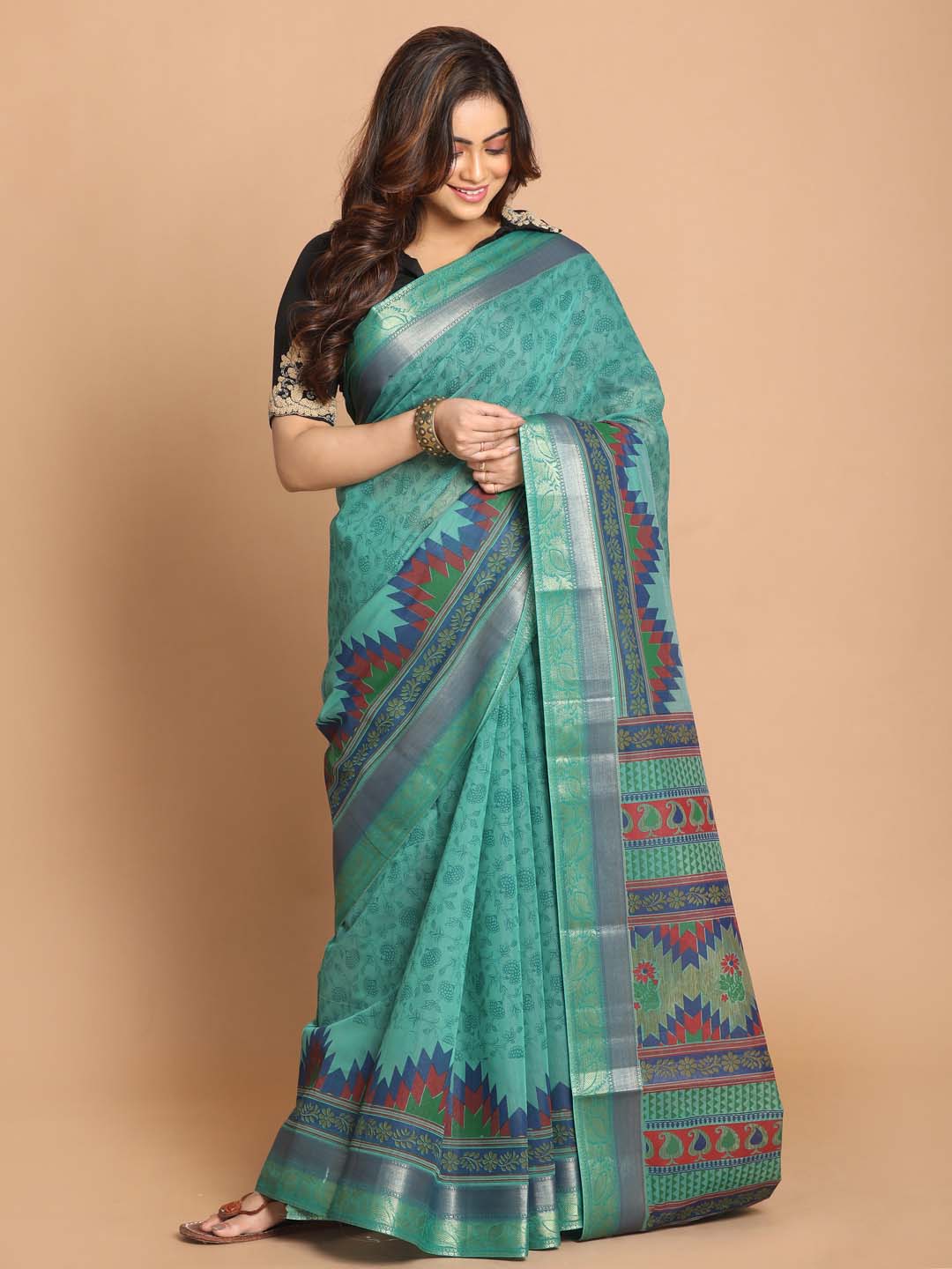 Indethnic Printed Cotton Blend Saree in Green - View 1