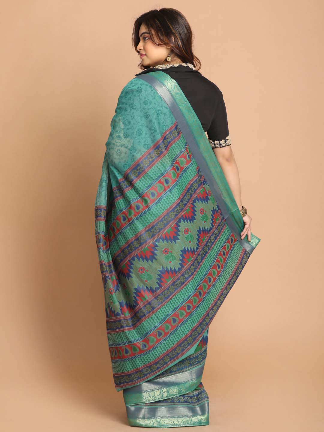 Indethnic Printed Cotton Blend Saree in Green - View 3