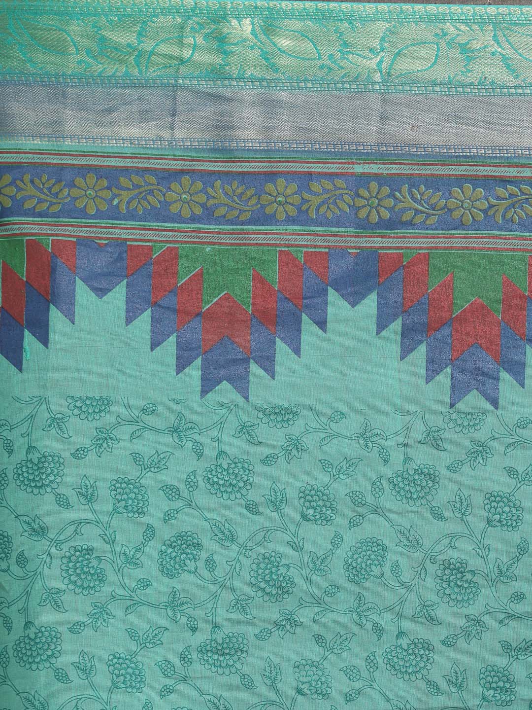 Indethnic Printed Cotton Blend Saree in Green - Saree Detail View