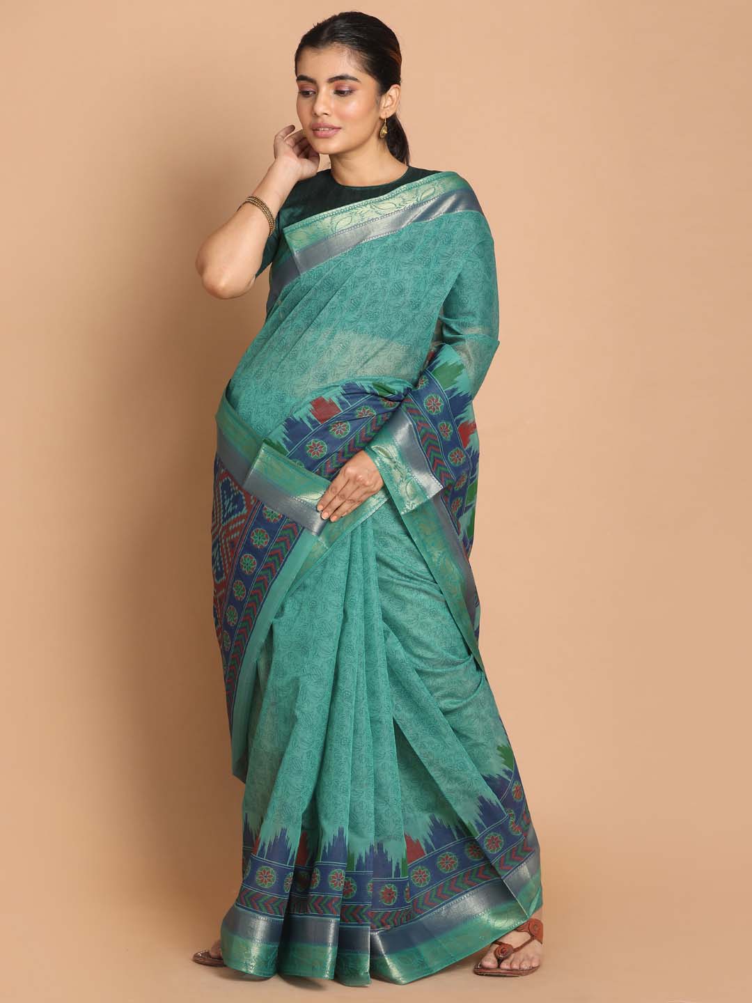 Indethnic Printed Cotton Blend Saree in Green - View 1