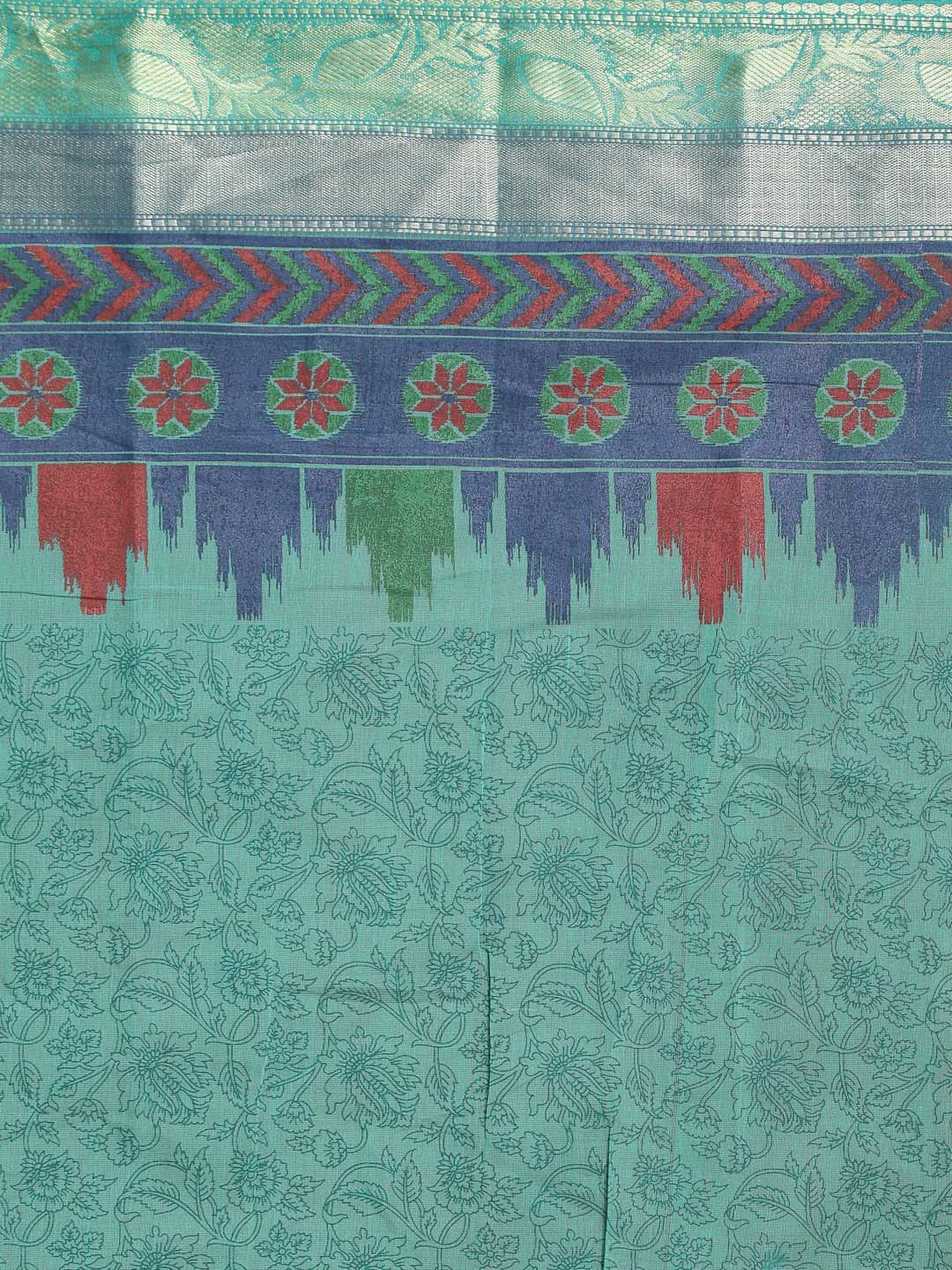 Indethnic Printed Cotton Blend Saree in Green - Saree Detail View