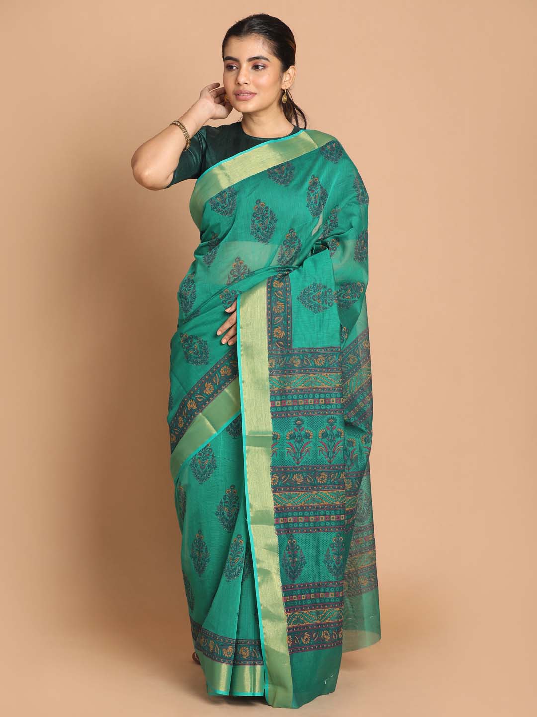 Indethnic Printed Cotton Blend Saree in Green - View 1