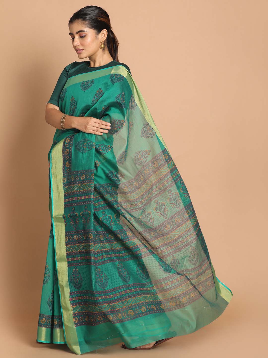 Indethnic Printed Cotton Blend Saree in Green - View 2