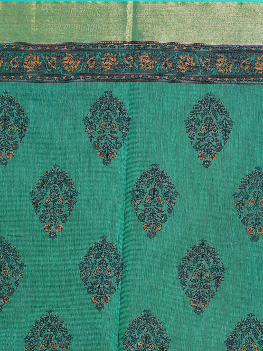 Indethnic Printed Cotton Blend Saree in Green - Saree Detail View