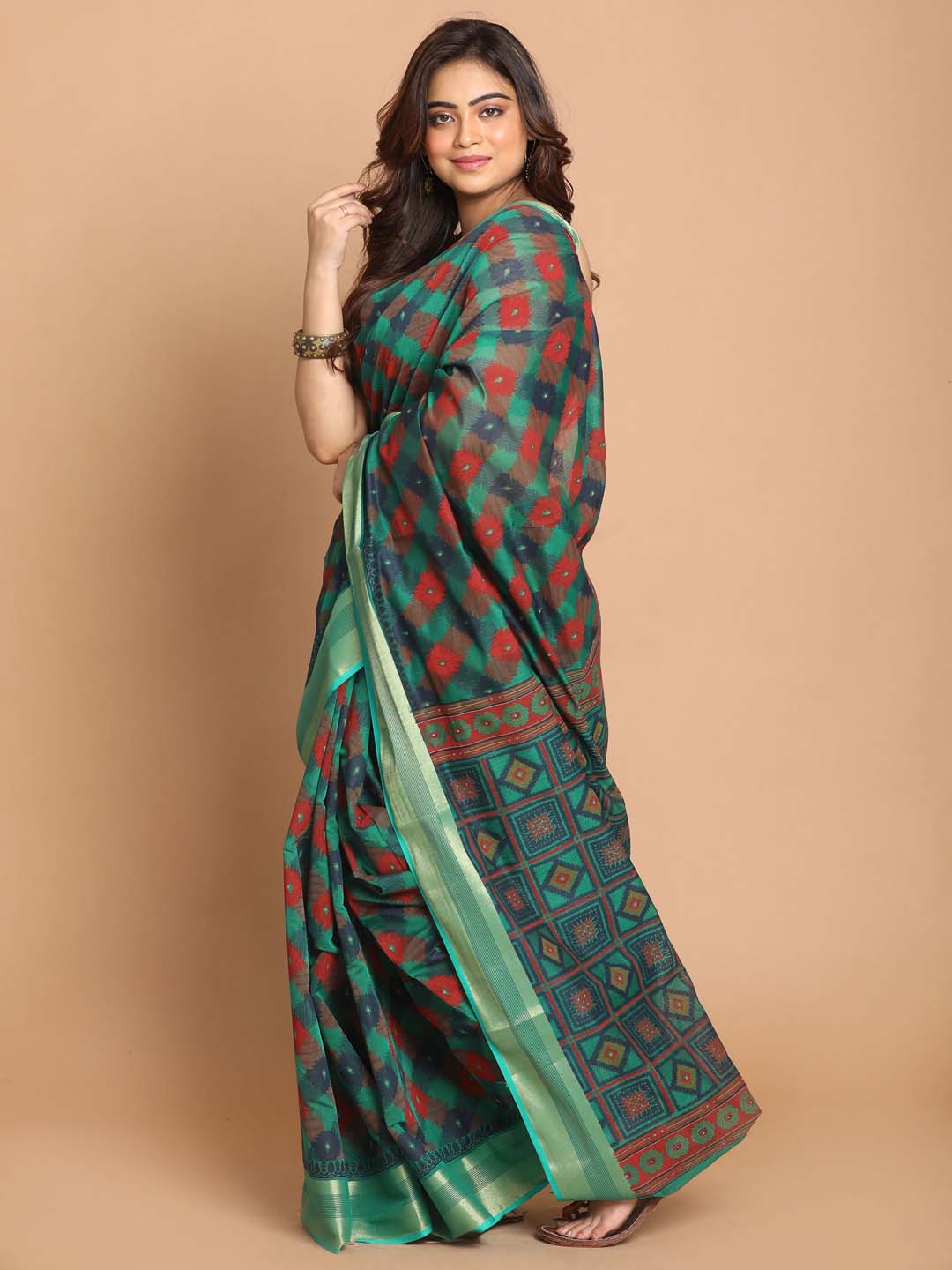 Indethnic Printed Cotton Blend Saree in Green - View 1