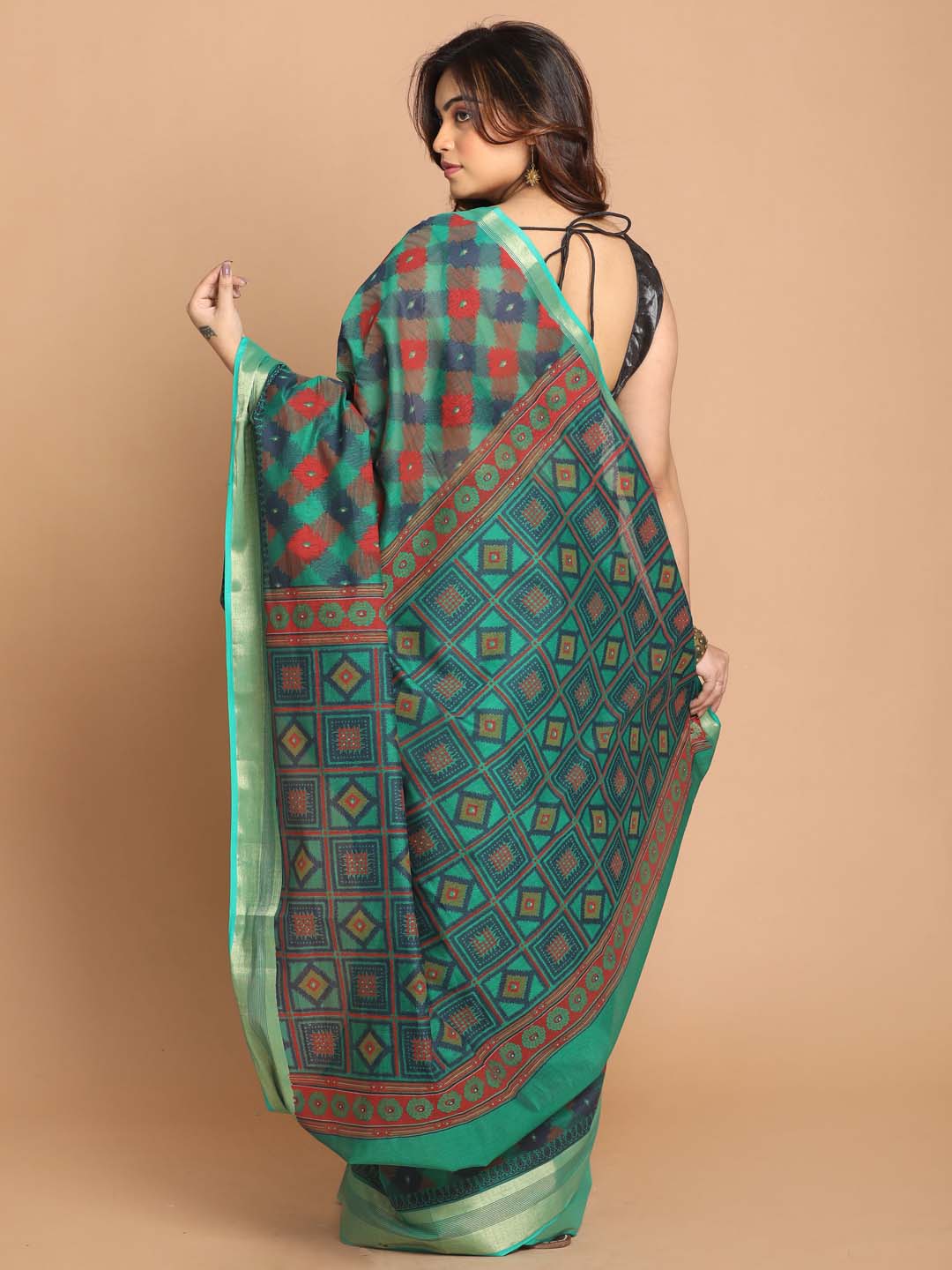 Indethnic Printed Cotton Blend Saree in Green - View 3