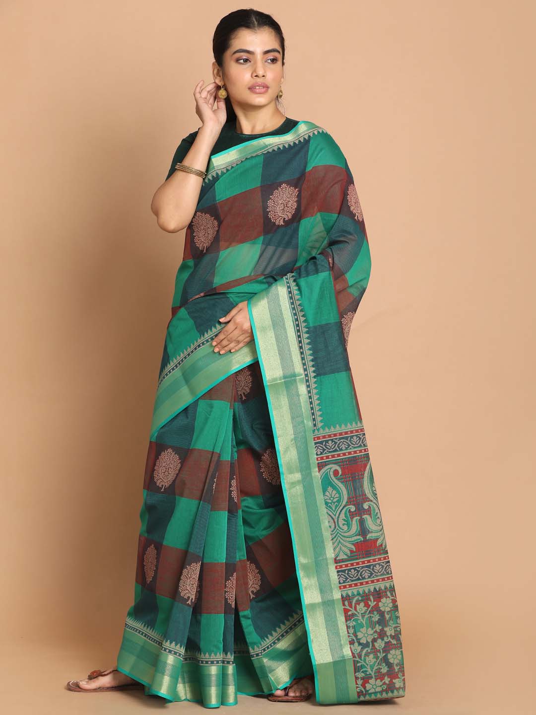 Indethnic Printed Cotton Blend Saree in Green - View 1