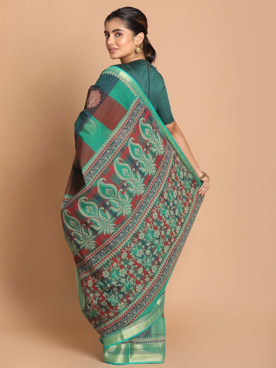 Indethnic Printed Cotton Blend Saree in Green - View 3
