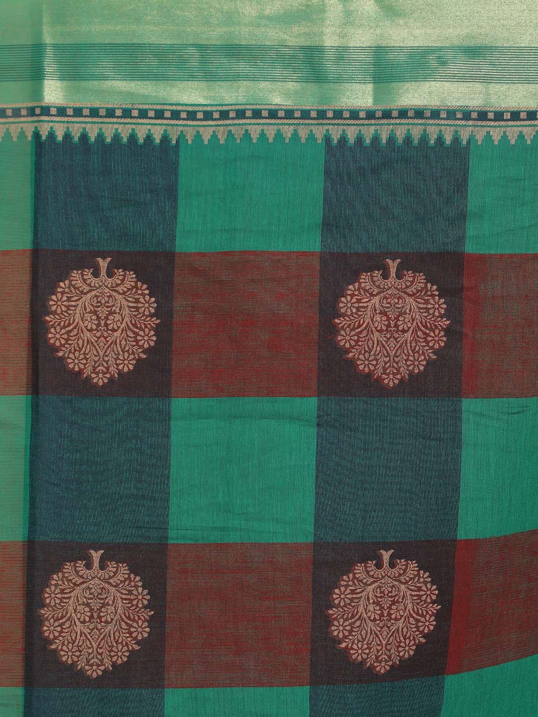 Indethnic Printed Cotton Blend Saree in Green - Saree Detail View