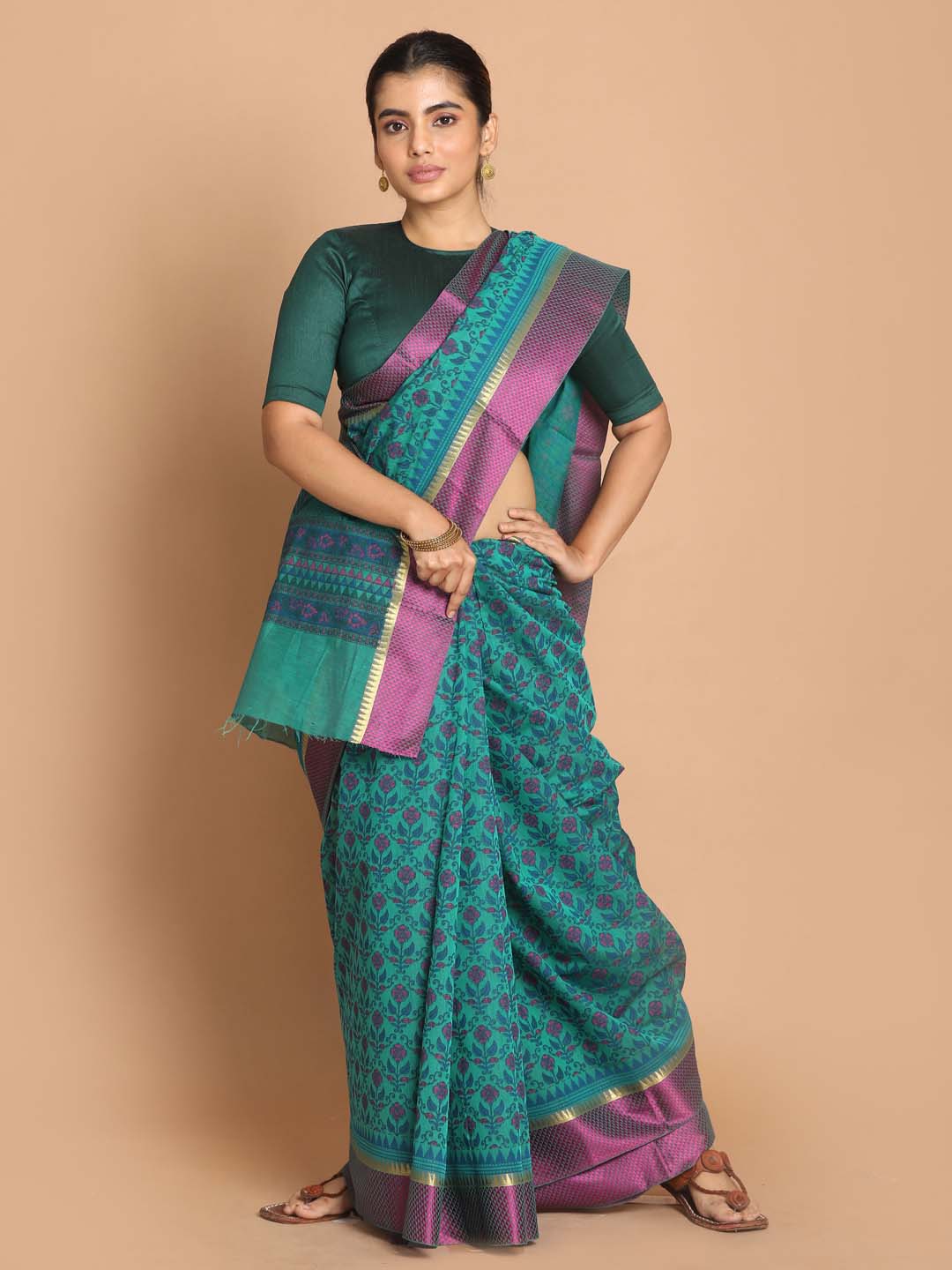 Indethnic Printed Cotton Blend Saree in Green - View 1