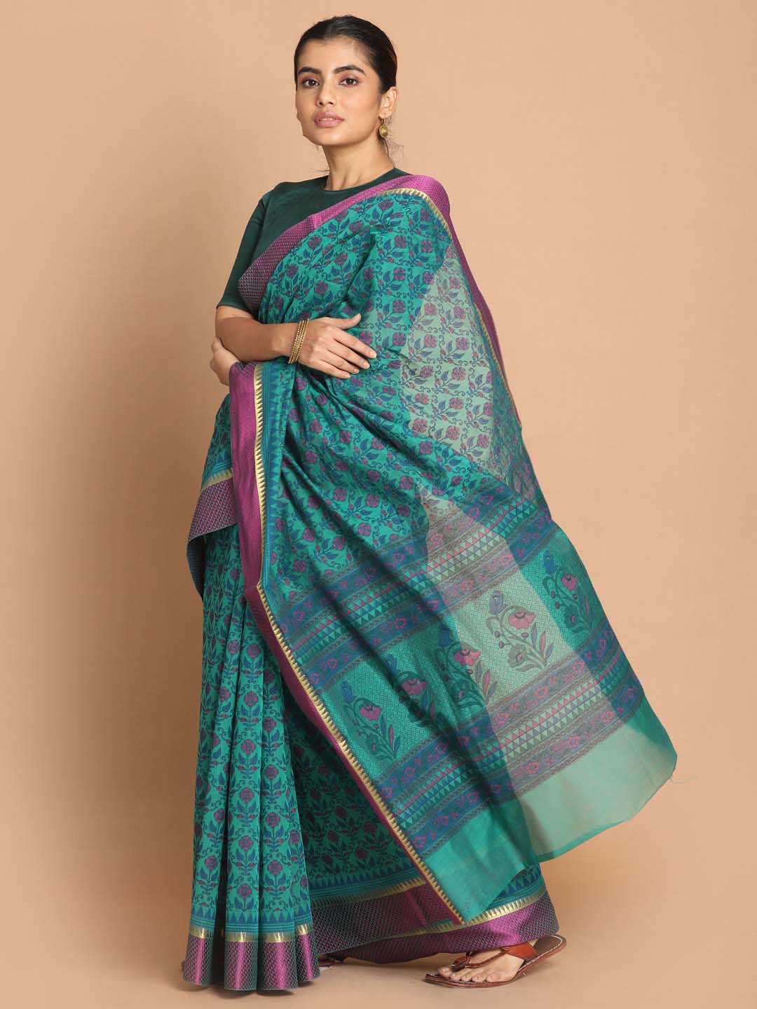 Indethnic Printed Cotton Blend Saree in Green - View 2