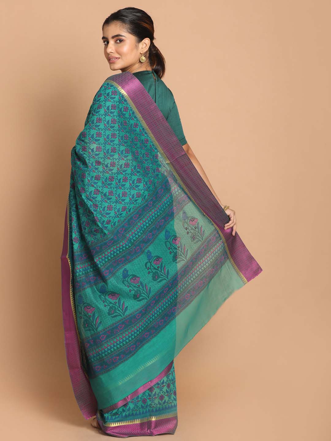 Indethnic Printed Cotton Blend Saree in Green - View 3