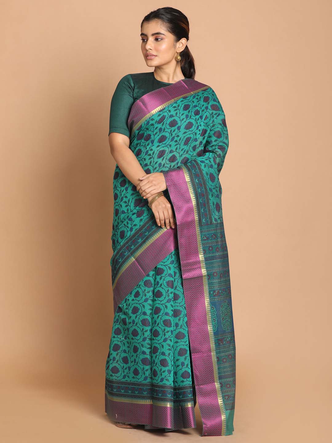 Indethnic Printed Cotton Blend Saree in Green - View 1