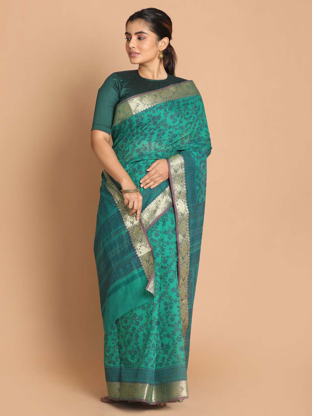 Indethnic Printed Cotton Blend Saree in Green - View 1