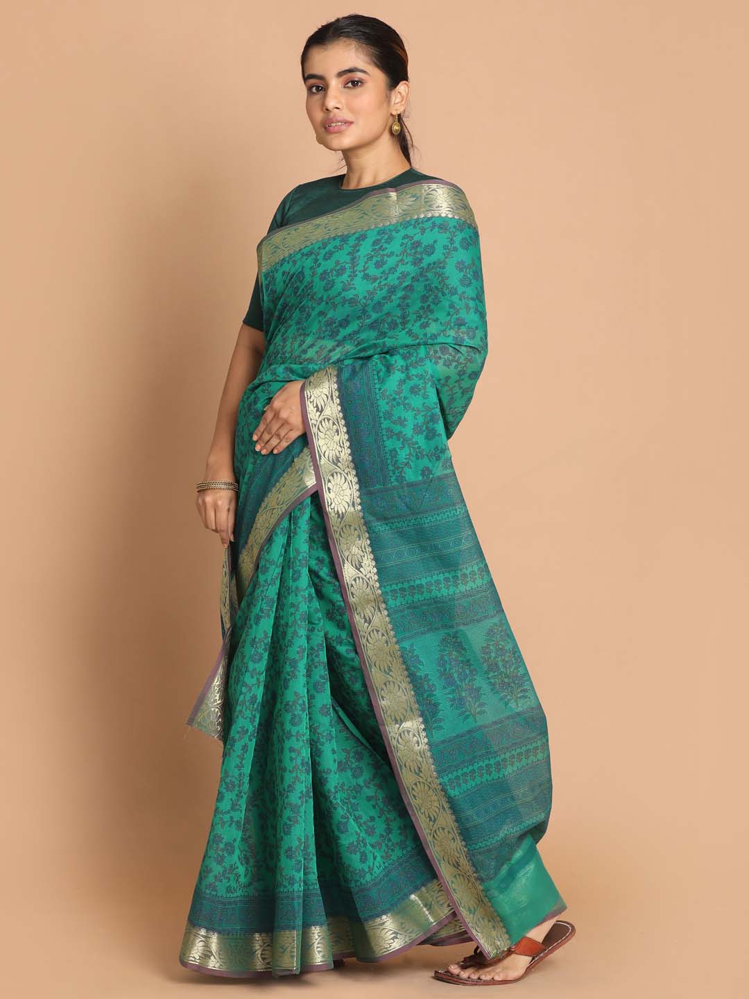 Indethnic Printed Cotton Blend Saree in Green - View 2