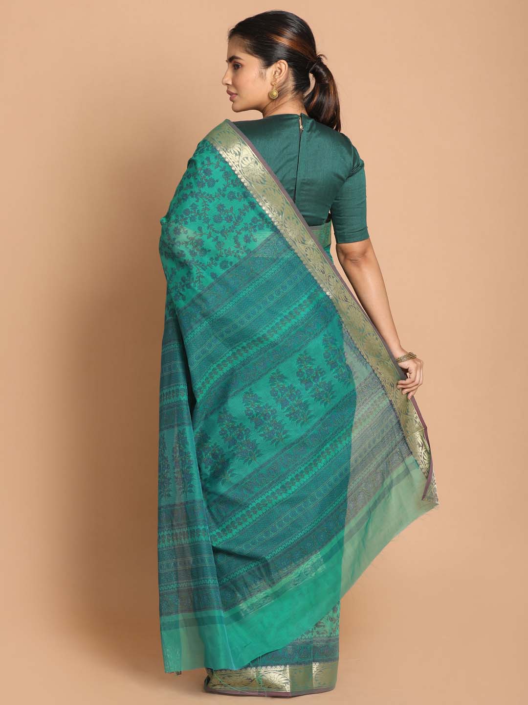 Indethnic Printed Cotton Blend Saree in Green - View 3