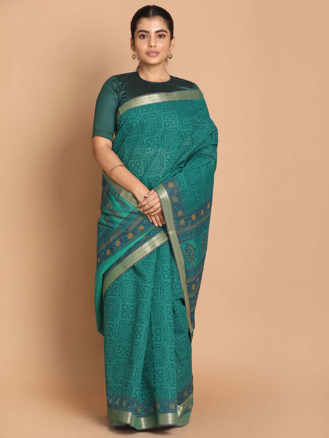 Indethnic Printed Cotton Blend Saree in Green - View 1