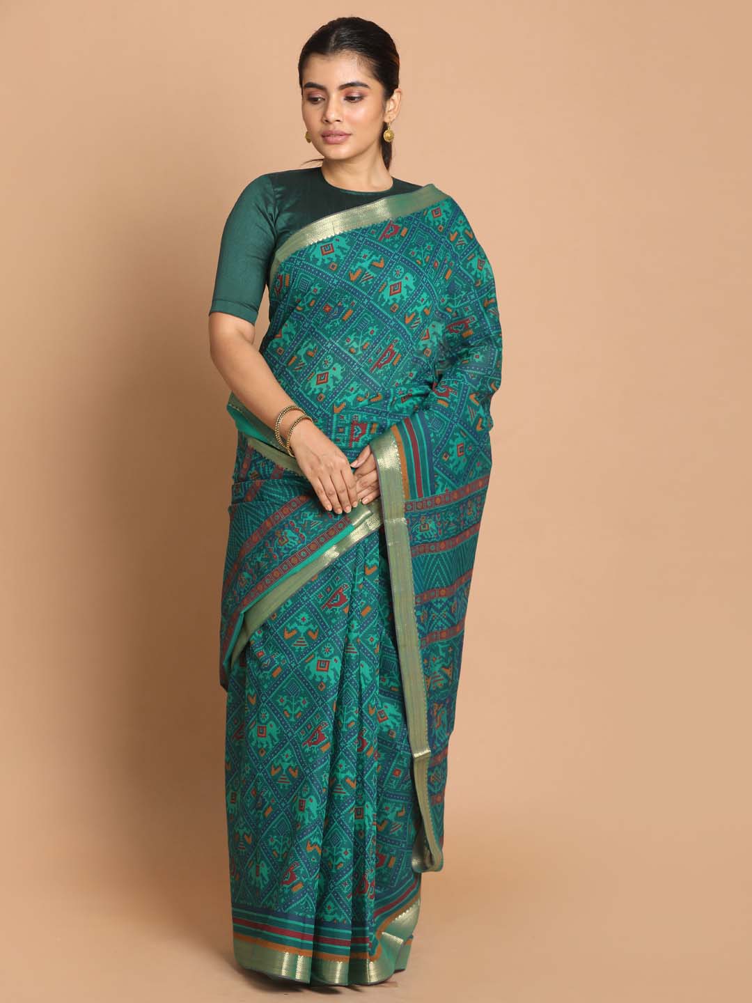 Indethnic Printed Cotton Blend Saree in Green - View 1