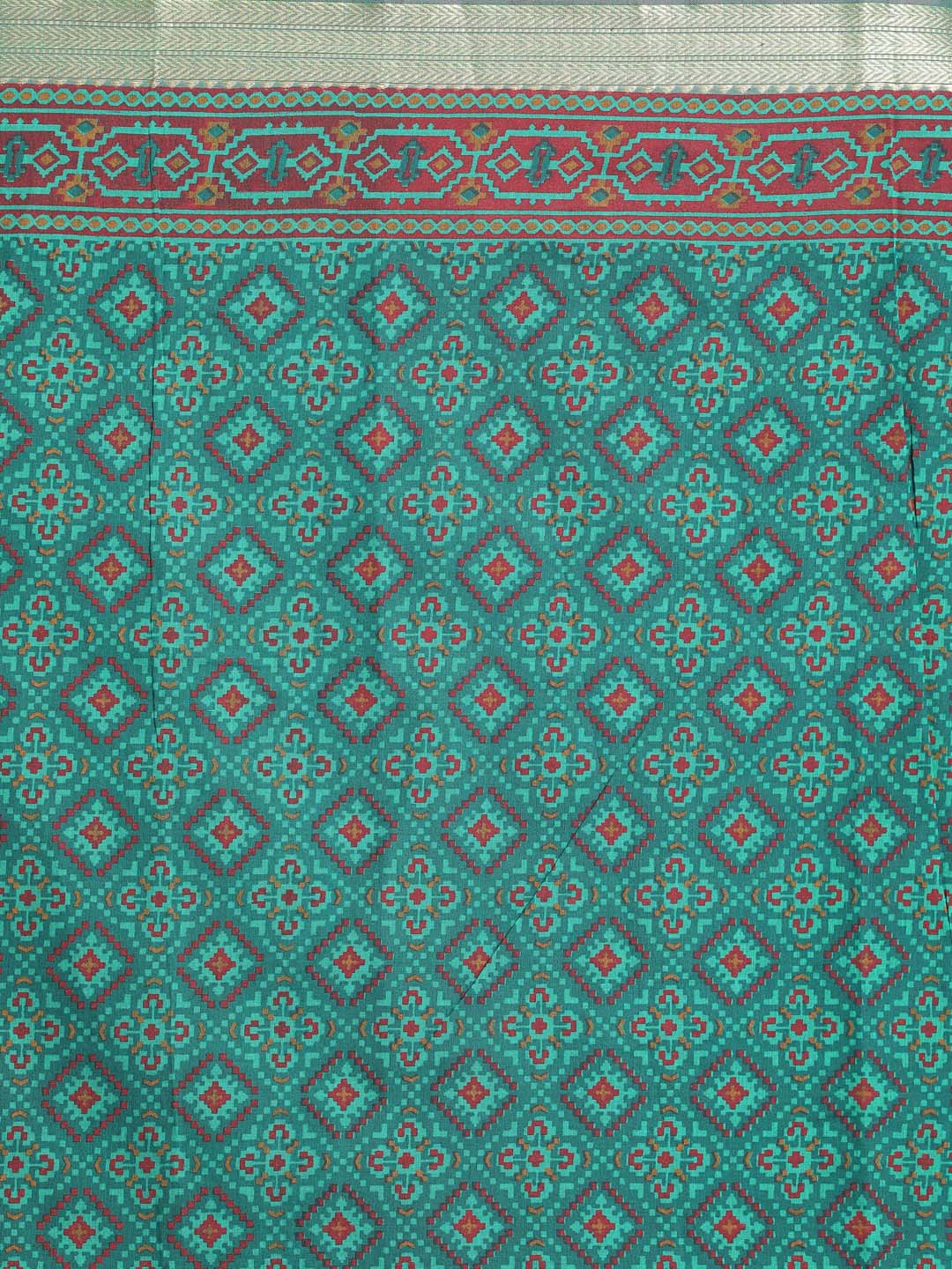 Indethnic Printed Cotton Blend Saree in Green - Saree Detail View