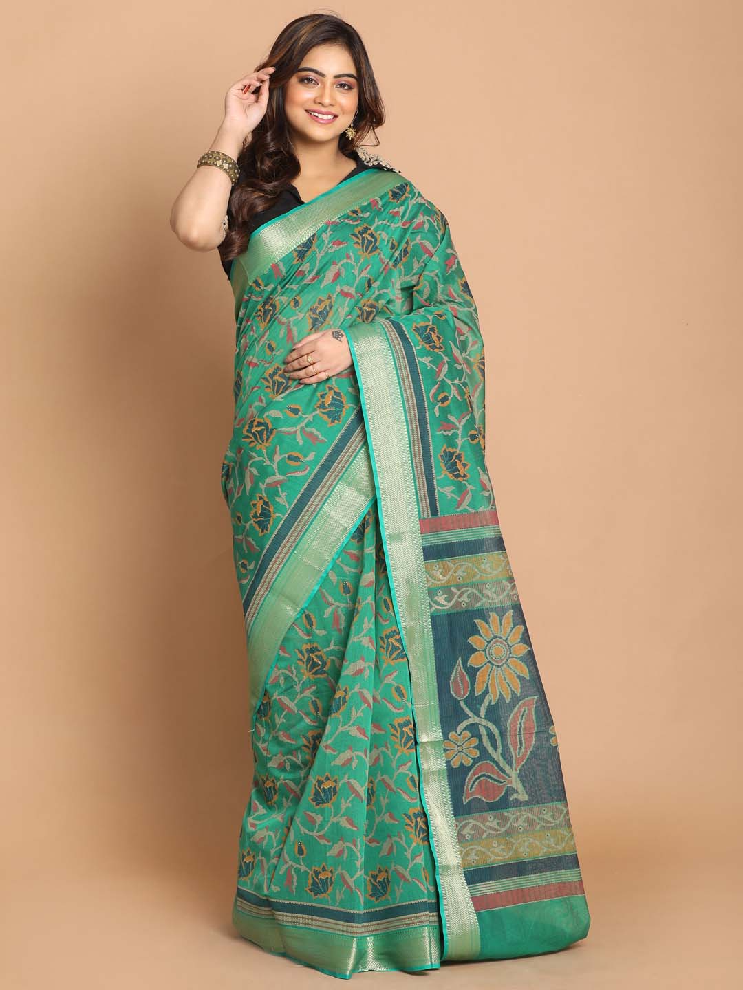 Indethnic Printed Cotton Blend Saree in Green - View 1