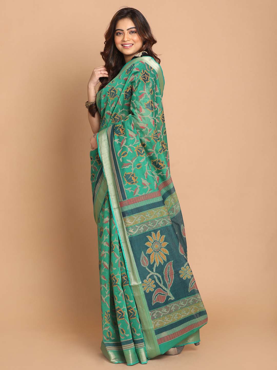 Indethnic Printed Cotton Blend Saree in Green - View 2