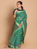 Indethnic Printed Cotton Blend Saree in Green - View 1