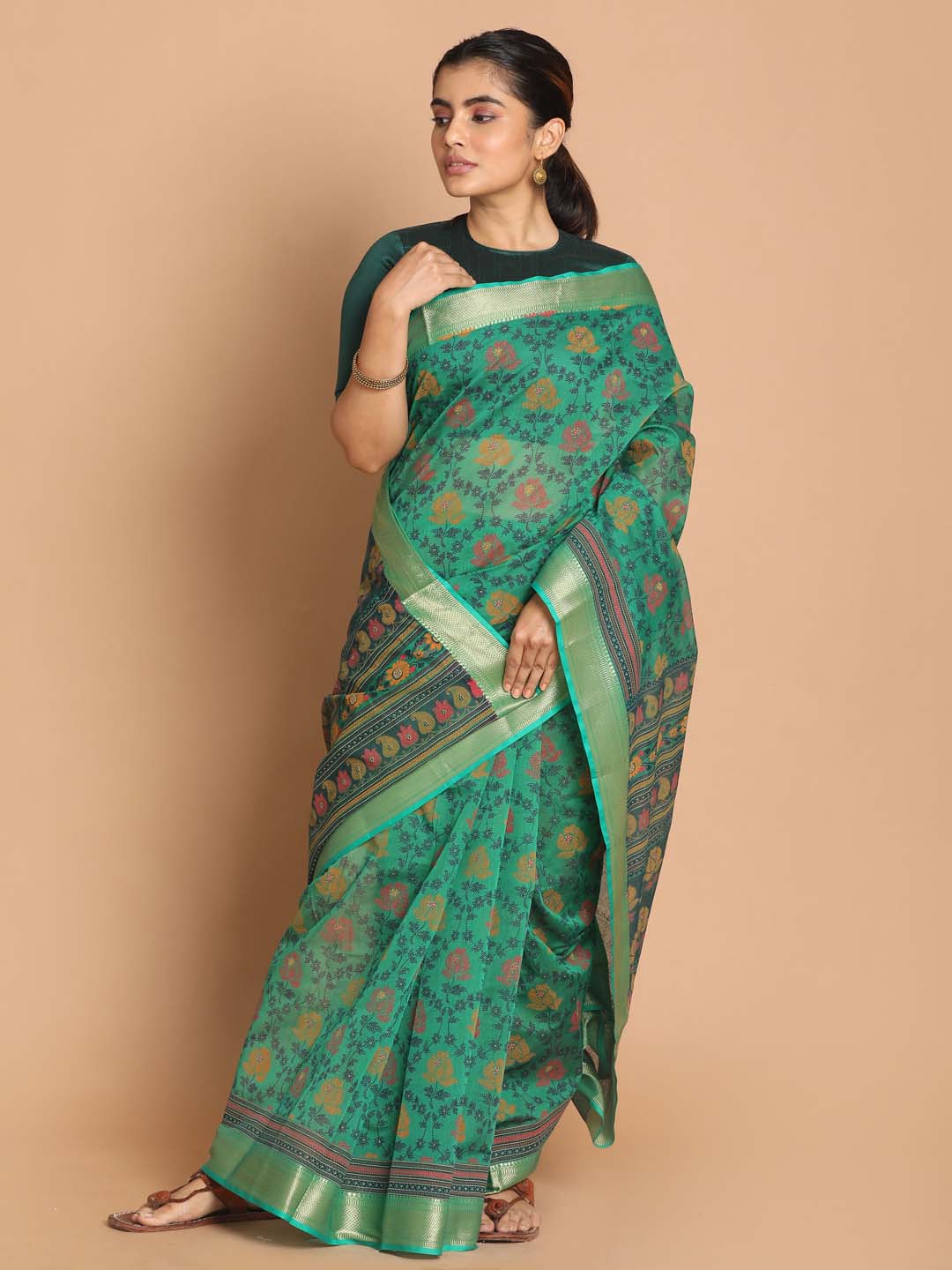 Indethnic Printed Cotton Blend Saree in Green - View 1