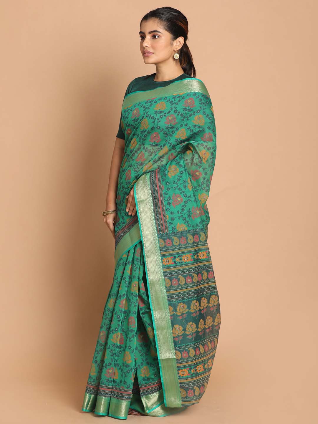 Indethnic Printed Cotton Blend Saree in Green - View 2