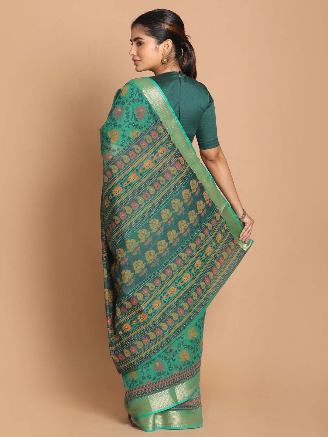 Indethnic Printed Cotton Blend Saree in Green - View 3