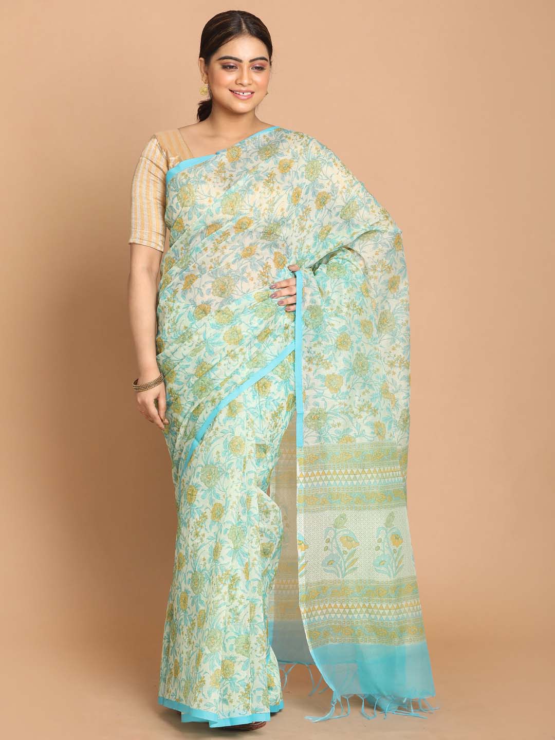 Indethnic Printed Cotton Blend Saree in Green - View 1