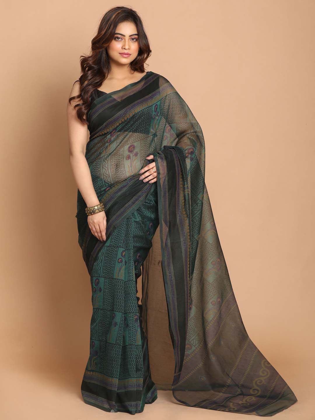 Indethnic Printed Cotton Blend Saree in Green - View 1