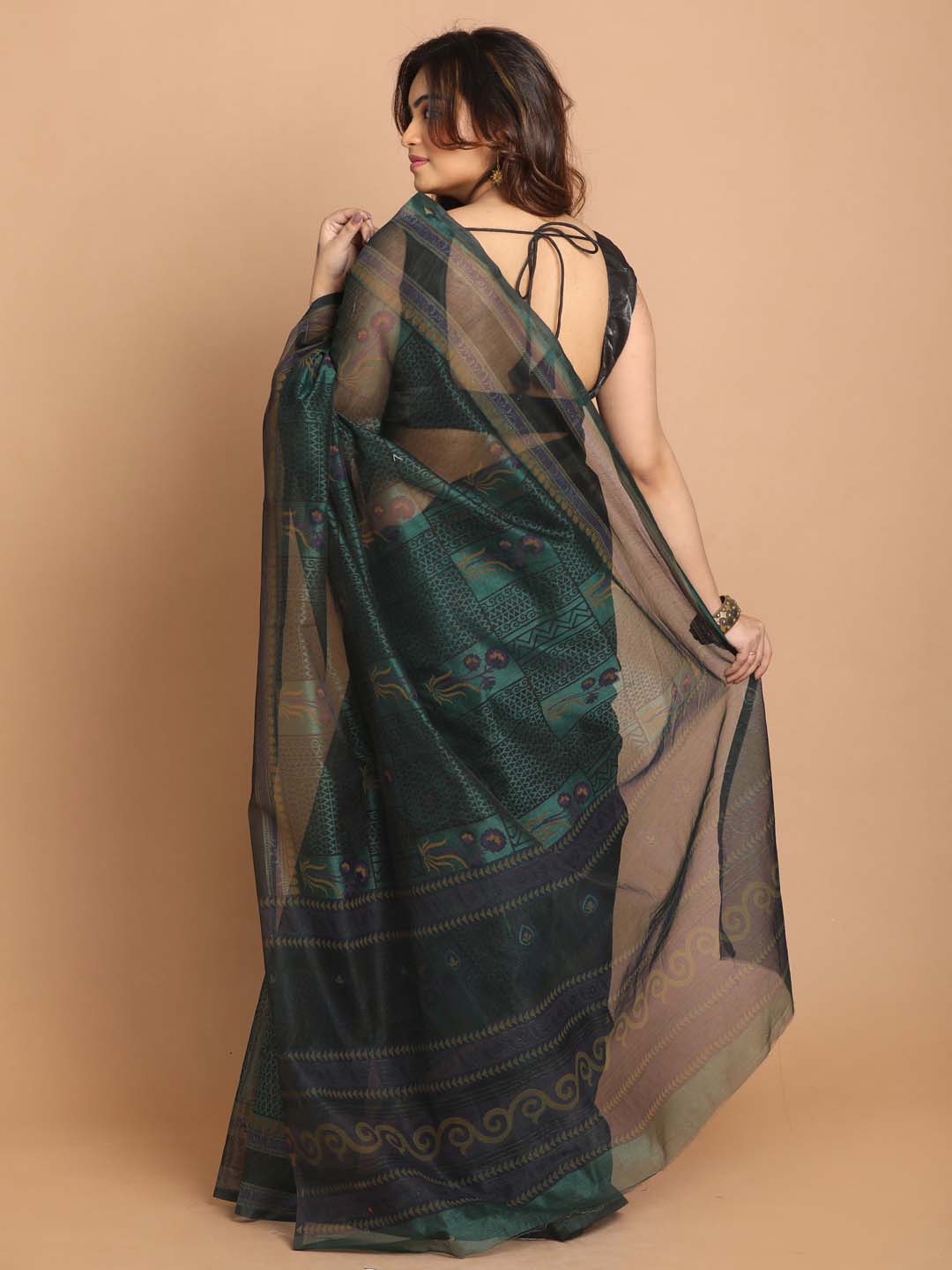 Indethnic Printed Cotton Blend Saree in Green - View 3