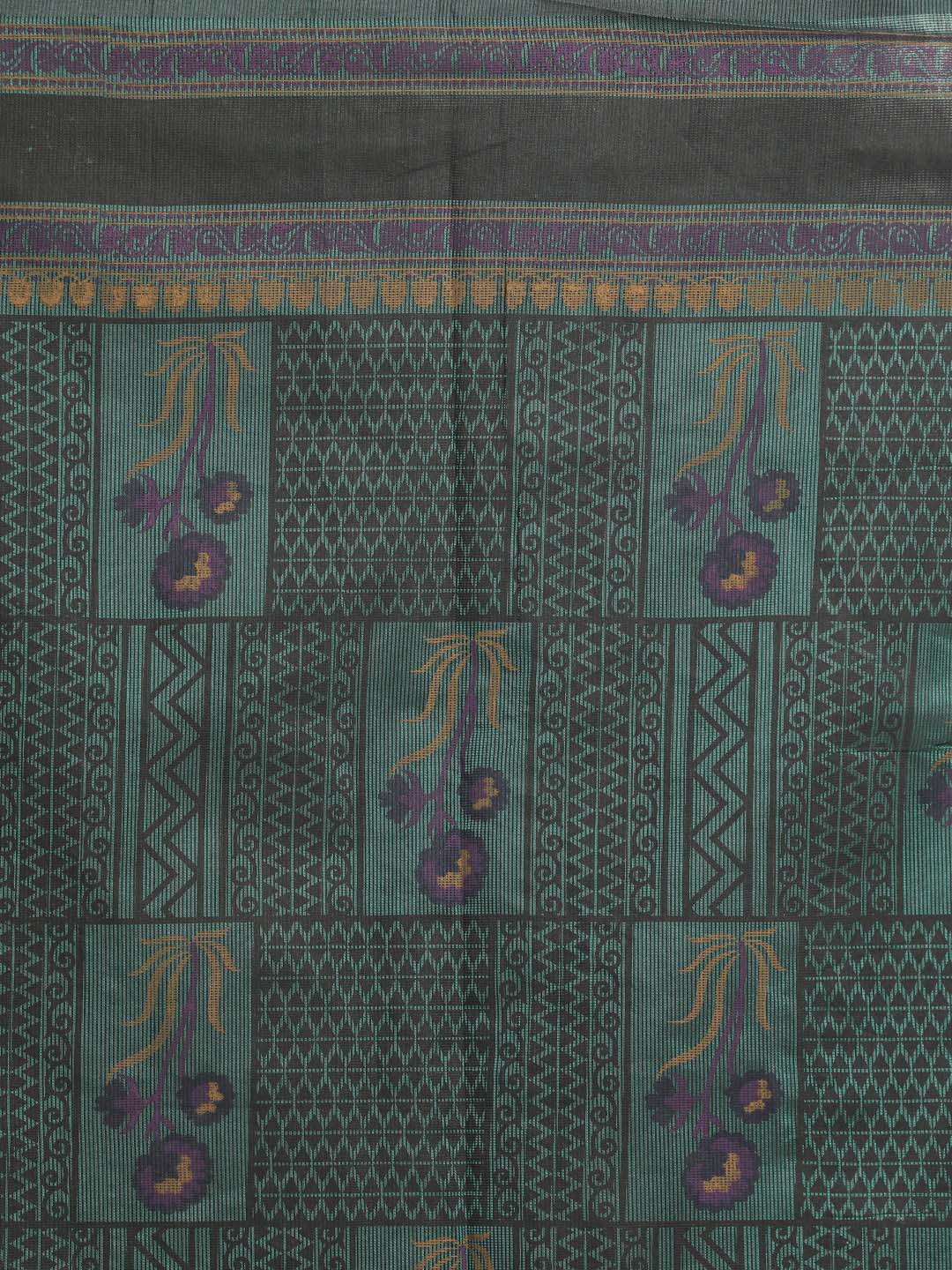 Indethnic Printed Cotton Blend Saree in Green - Saree Detail View