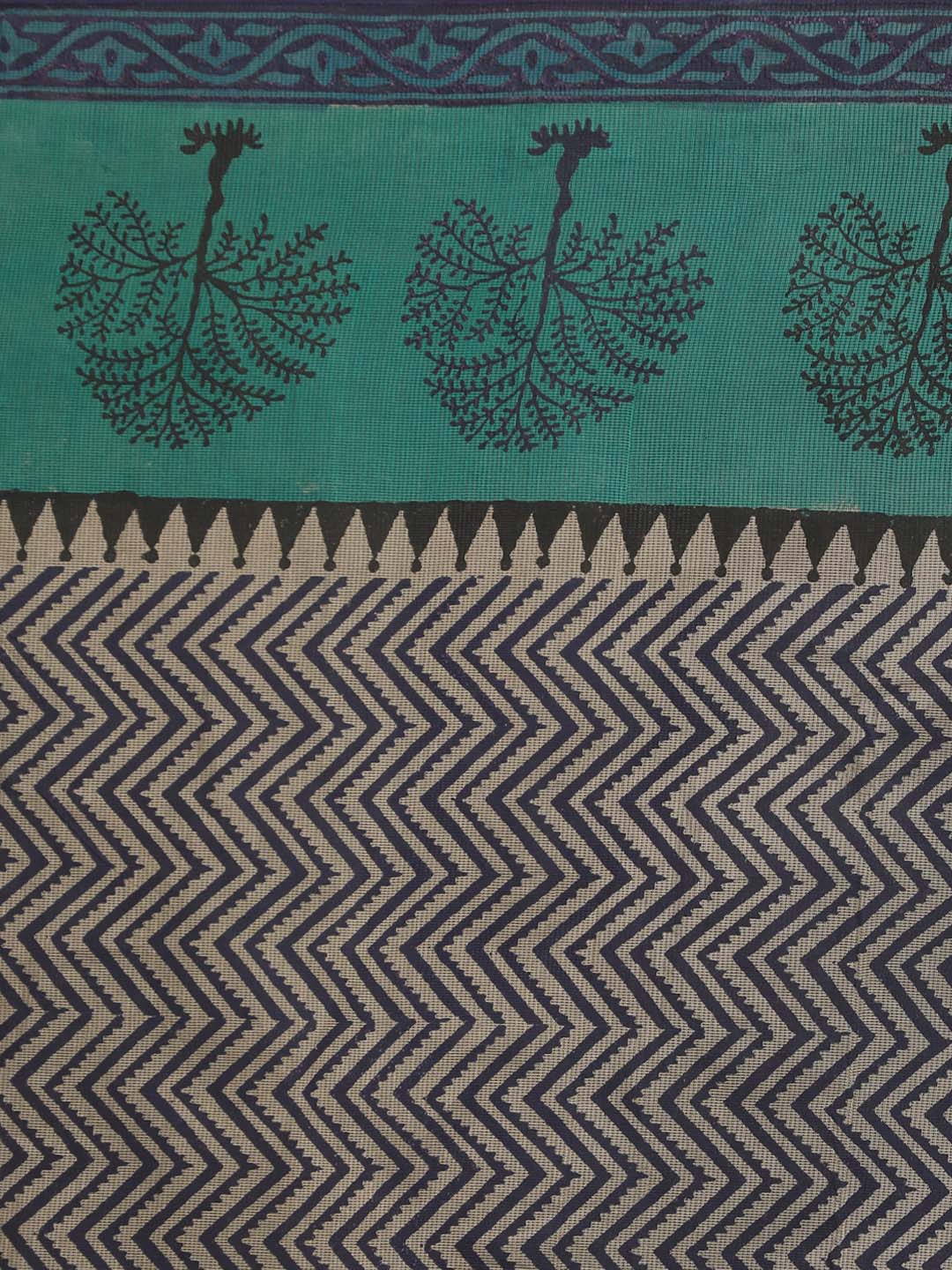 Indethnic Printed Cotton Blend Saree in Green - Saree Detail View