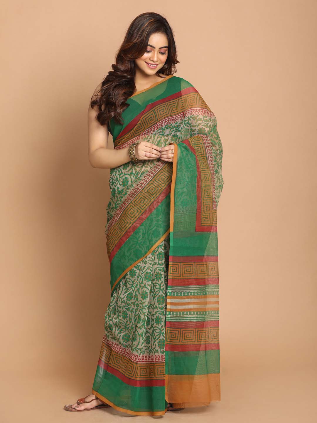 Indethnic Printed Cotton Blend Saree in Green - View 1