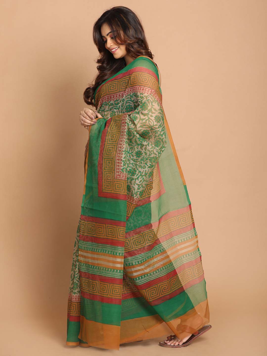 Indethnic Printed Cotton Blend Saree in Green - View 2