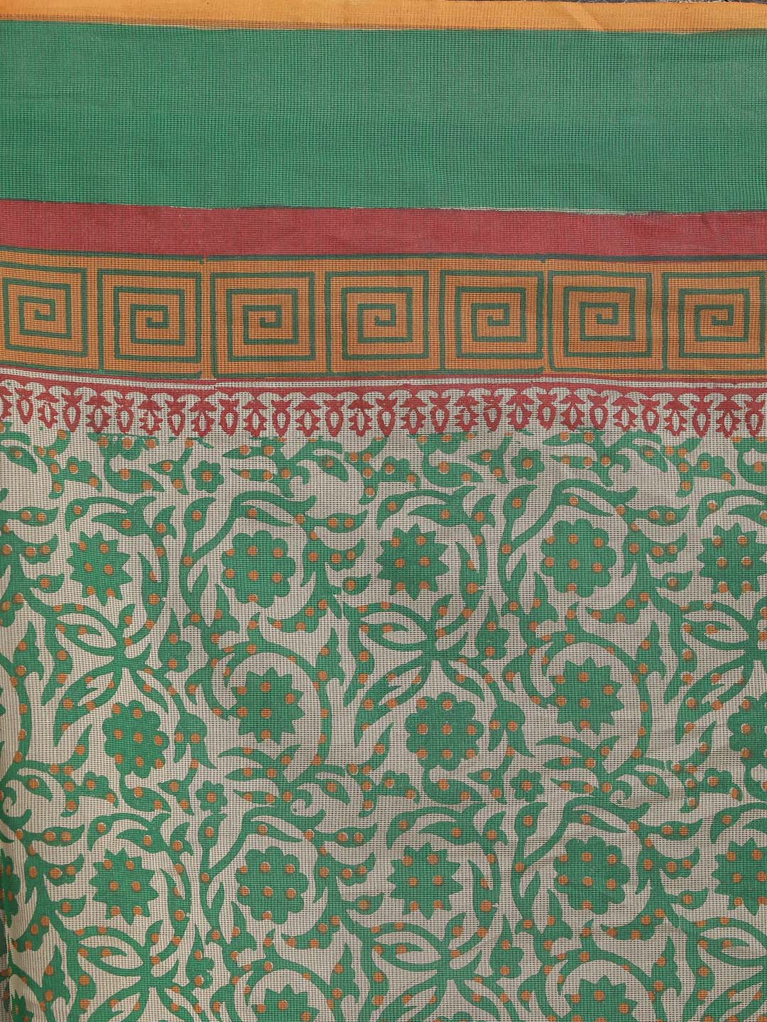 Indethnic Printed Cotton Blend Saree in Green - Saree Detail View