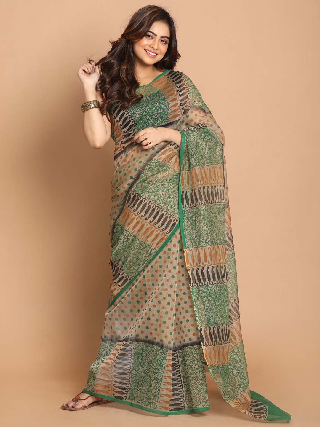 Indethnic Printed Cotton Blend Saree in Green - View 1