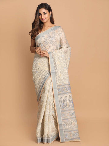 PRINTED COTTON BLEND SAREE IN GREY (GADWAL COTTON BLEND SAREE)