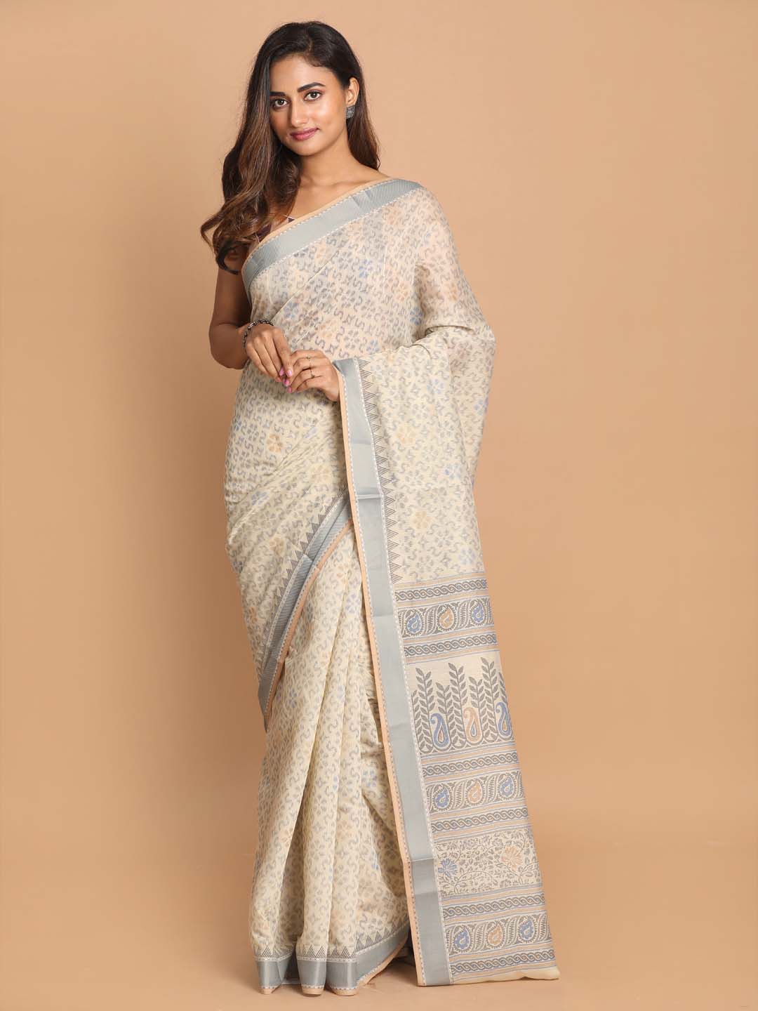 Indethnic Printed Cotton Blend Saree in Grey - View 1